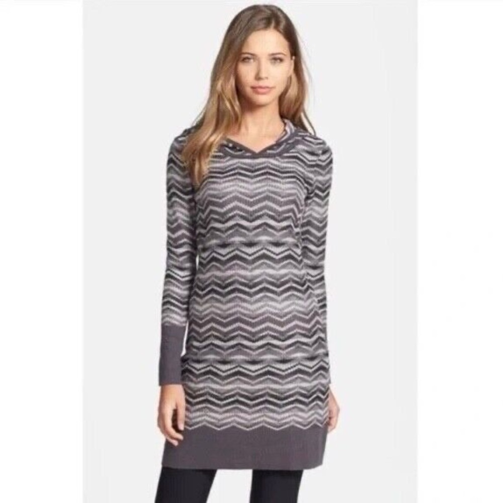 PRANA Meryl Hooded Sweater Dress Gray Chevron Stripes Knit Hoodie Medium